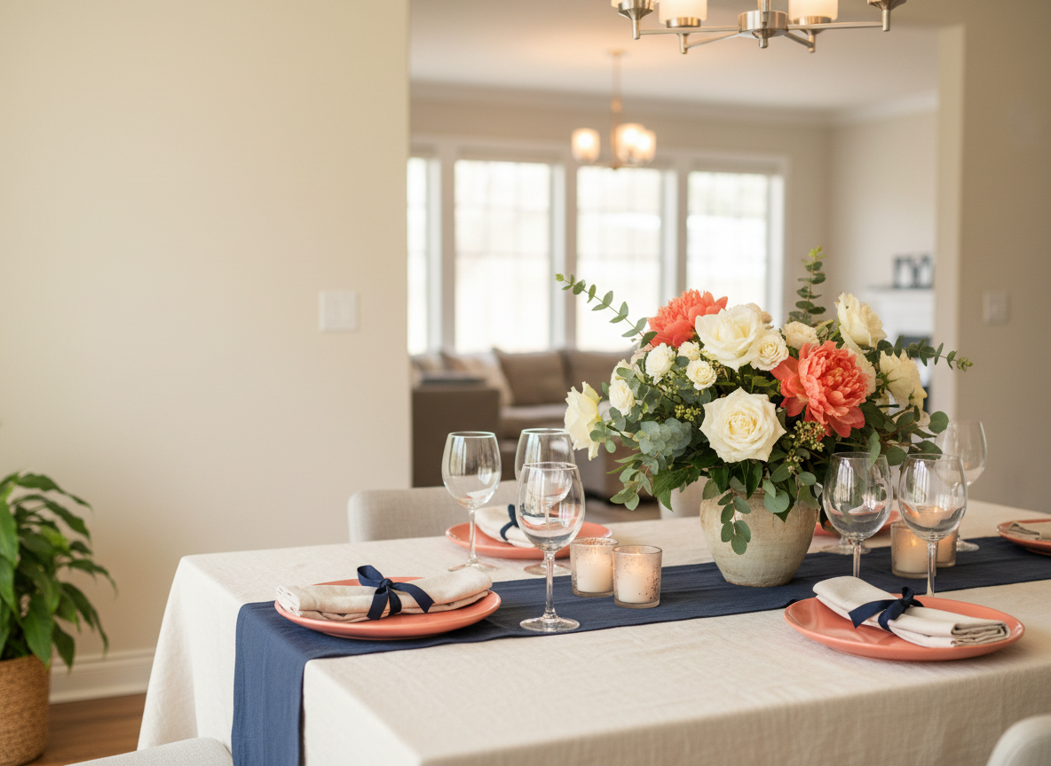 Illustrative intimate dining table with flowers and place settings, used as inspiration for an engagement celebration.