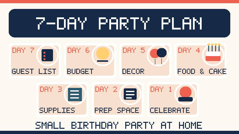 Seven-day party checklist from making the guest list and budget to preparing and celebrating.