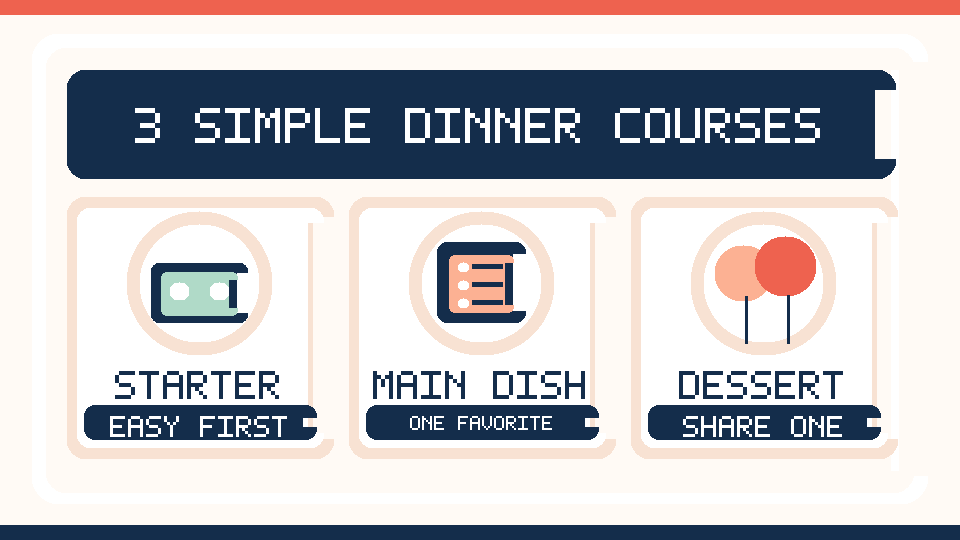 Illustrated three-course anniversary dinner menu plan for a small gathering at home.