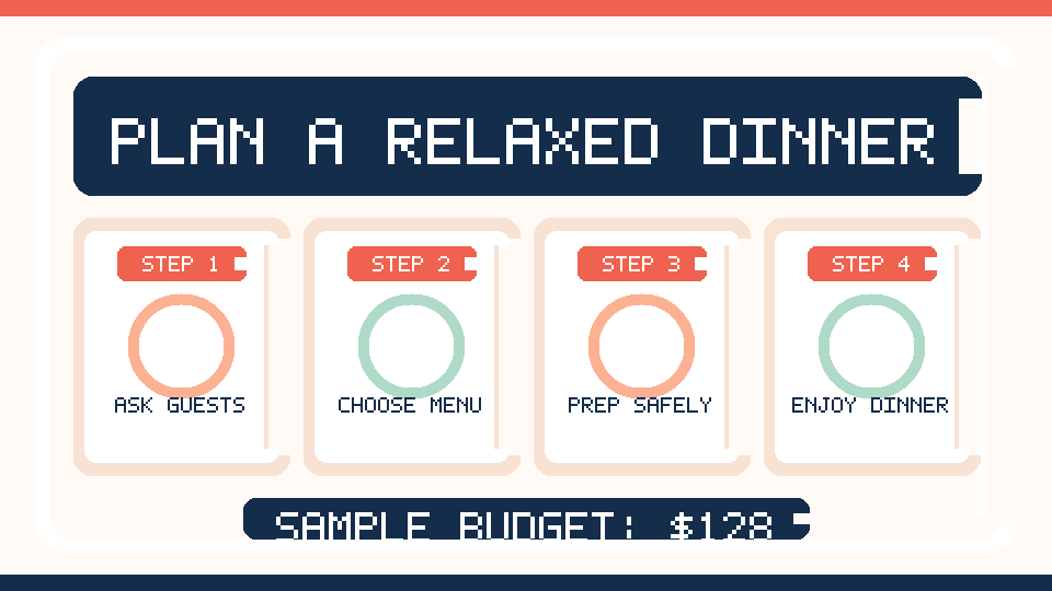 Illustrated relaxed preparation timeline for hosting an anniversary dinner for six guests.
