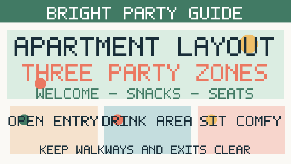 Three-zone apartment party infographic showing clear entry, a separate refreshment point and comfortable seating.