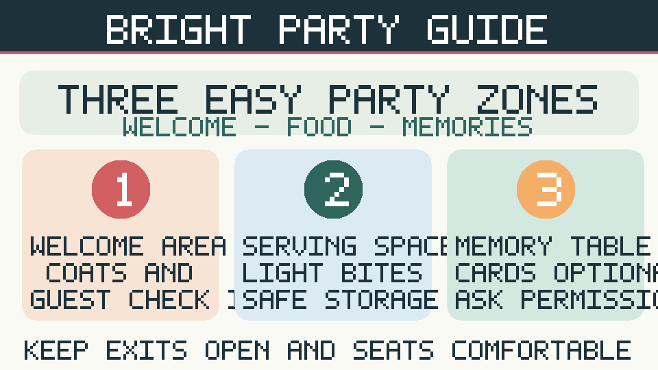 Infographic showing bridal shower welcome, food service and optional memory activity zones.