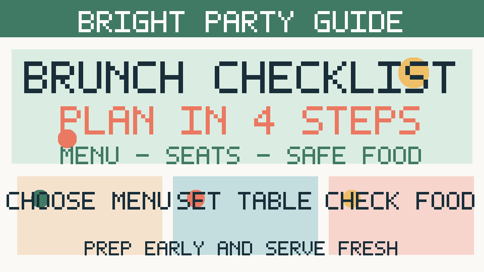 Four-step brunch checklist infographic covering menu planning, table setup and safe food service.