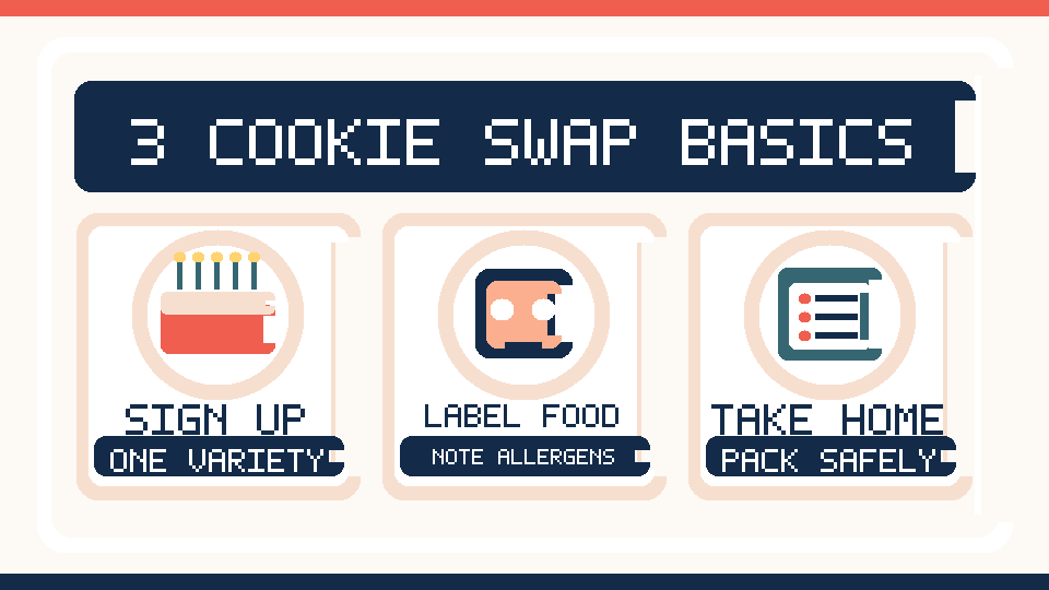 Illustrated checklist of three essentials for organizing a cookie swap with ten guests.