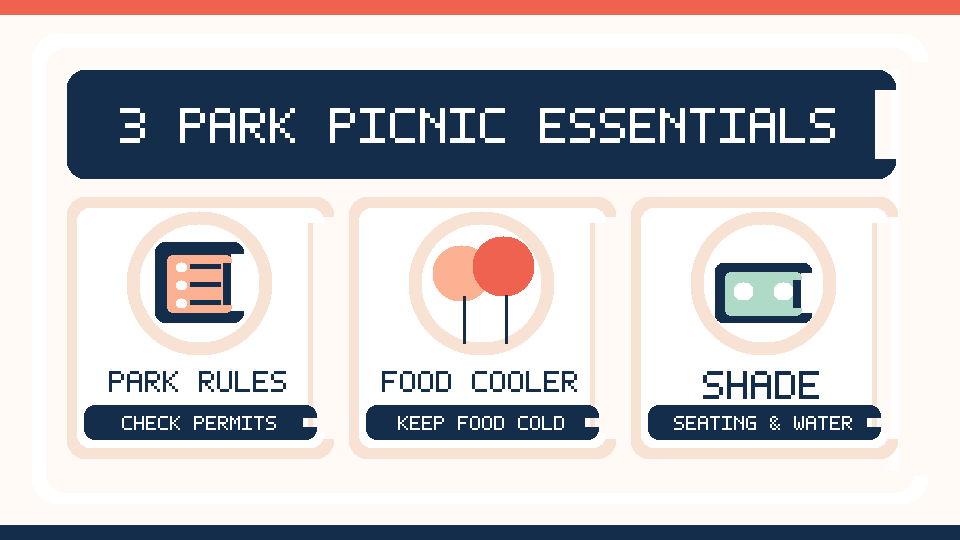 Illustrated checklist of three essential preparations for a family picnic in the park.