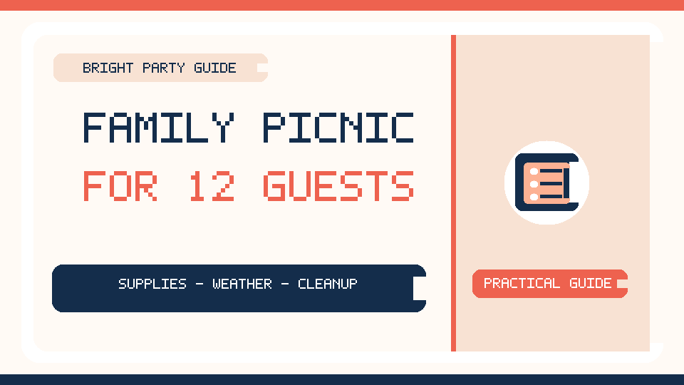 Illustrated planning guide for a family park picnic for 12 guests, covering supplies and weather backup.