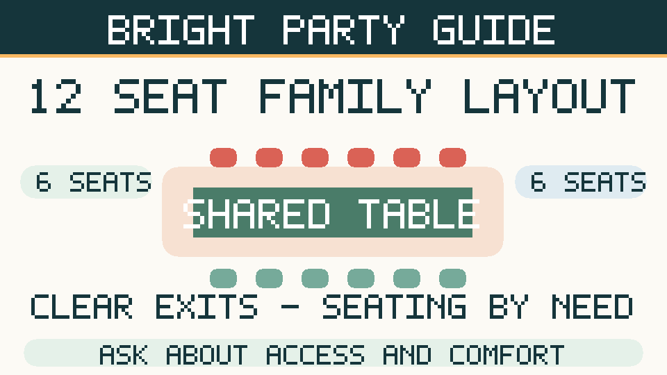 Illustrated twelve-place family reunion seating layout, with six chairs on either side of a long table and clear paths.