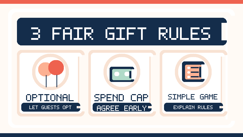 Illustrated overview of three fair gift exchange rules for 12 guests, including spending limits and inclusive participation.