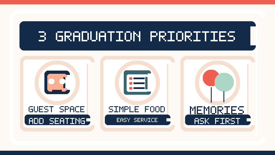 Illustrated checklist of three priorities for organizing a graduation party at home for 20 guests.