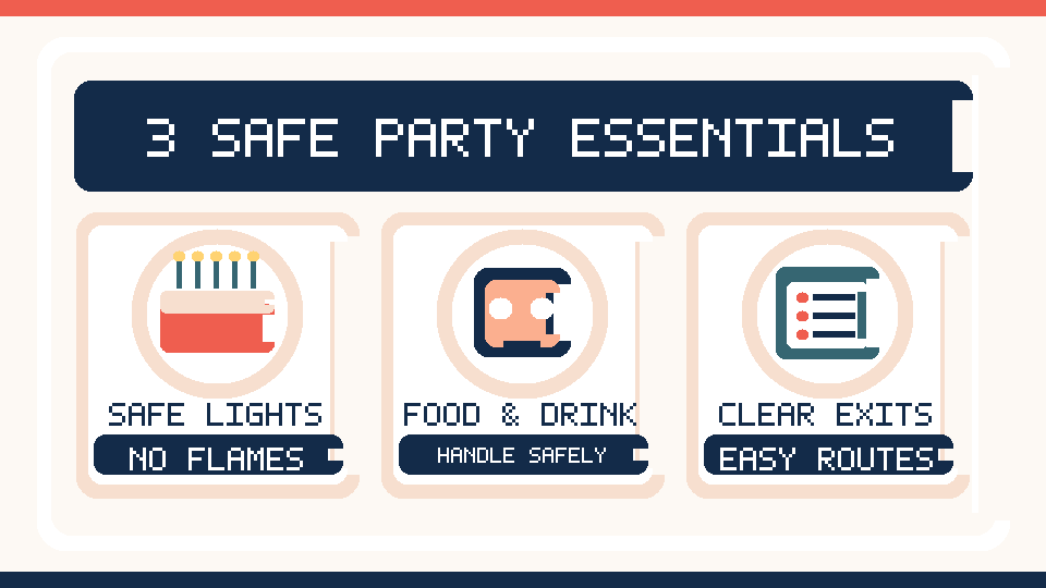 Illustrated overview of three safety essentials for a Halloween party at home with 10 to 12 guests.