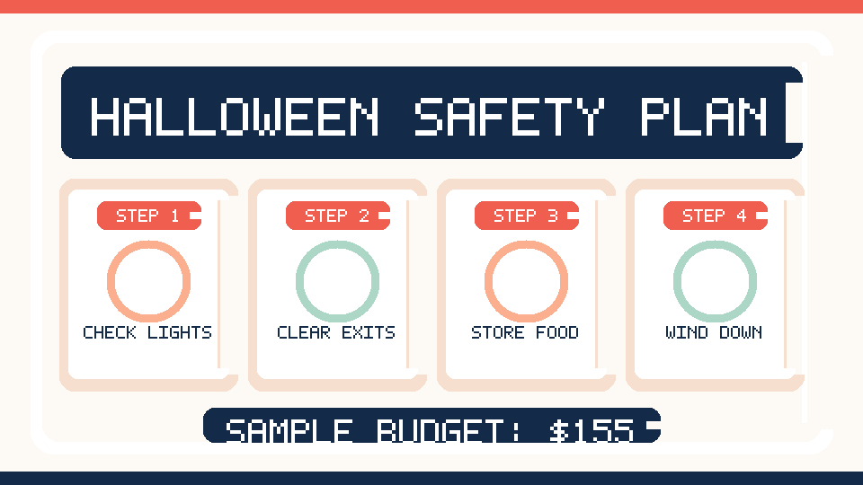 Illustrated Halloween party safety checklist for planning activities and hosting guests at home.