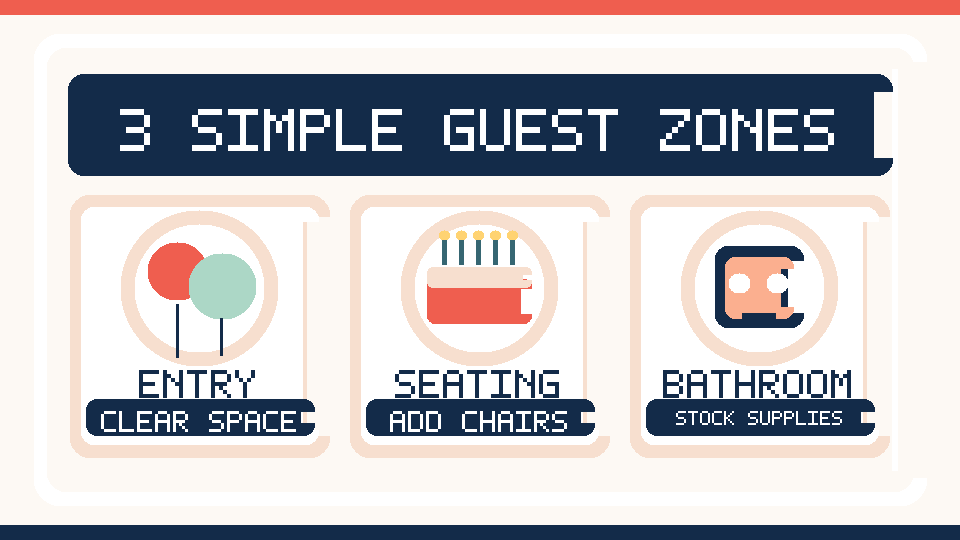 Illustrated layout of three guest areas for a housewarming party, helping hosts organize a welcoming space.