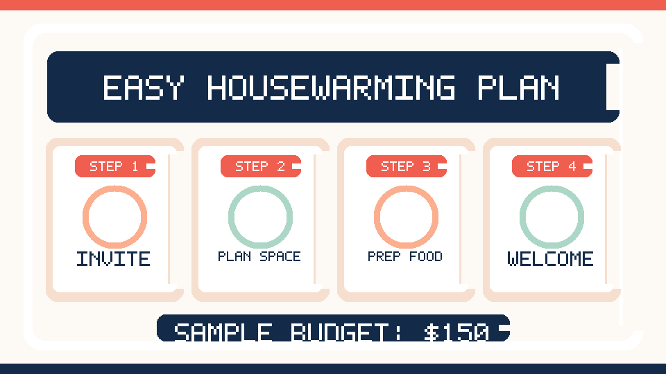 Illustrated housewarming preparation checklist for welcoming 12 guests at home.