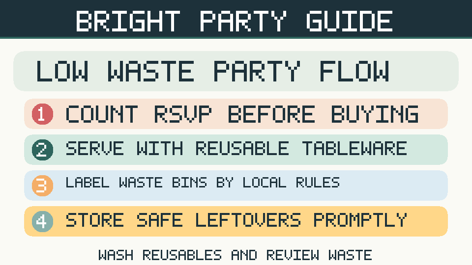 Low-waste party infographic showing RSVP count, reusable tableware, correctly labeled disposal stations and safe leftovers.