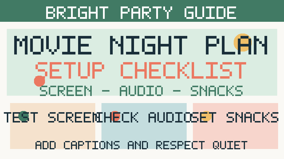 Movie night infographic: test the screen and captions, adjust audio and arrange the snack station.
