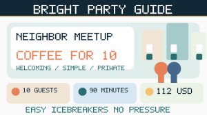 Neighborhood meet and greet party illustration for ten people, ninety minutes and an example 112 dollar budget.