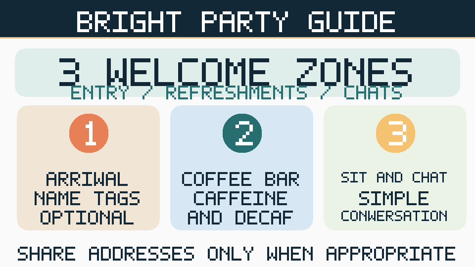 Three-zone neighborhood meetup infographic showing optional welcome name tags, coffee and tea station and comfortable conversation seating.