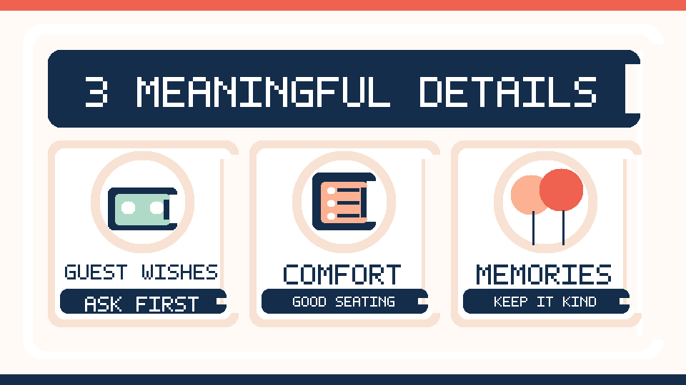 Illustration of three thoughtful details for a comfortable retirement celebration.