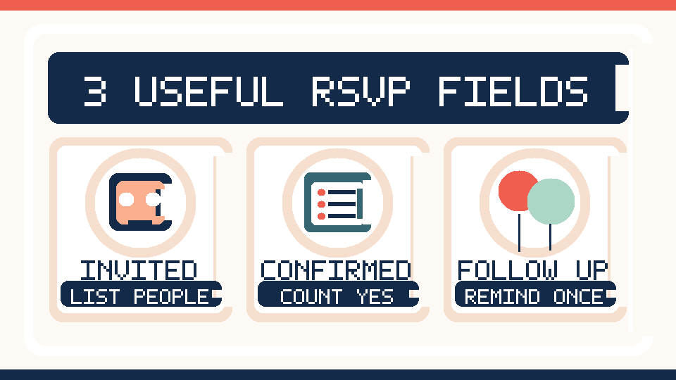 Illustrated guest RSVP tracker showing three fields for organizing invitation and attendance responses.