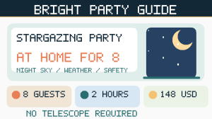 Original illustrated night-sky party header for eight guests with a 148 dollar example budget and weather checklist.