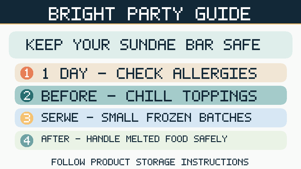 Food safety checklist infographic for ice cream stations covering allergy checks, chilled toppings, frozen service and safe leftovers.