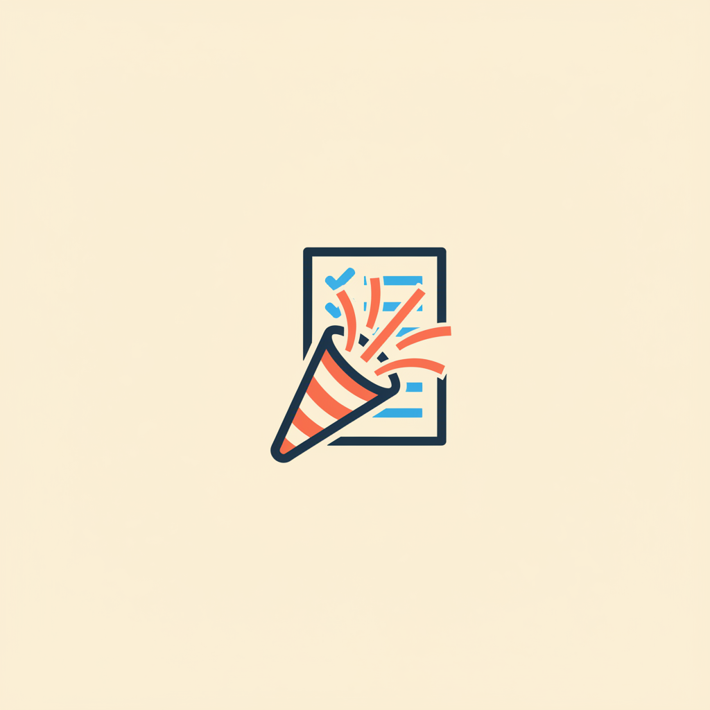 Bright Party Guide brand icon featuring a coral celebration popper and navy planning checklist.