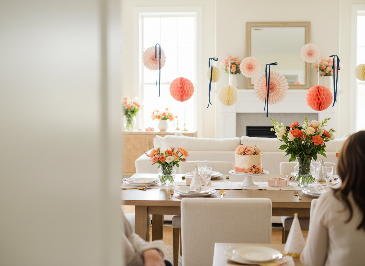 A welcoming small home celebration with cake, flowers and a simple party table