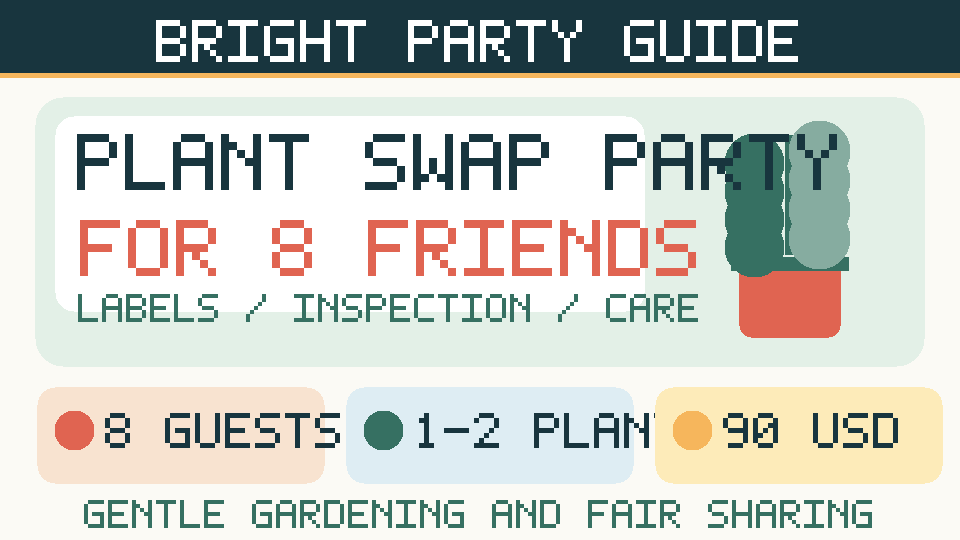 Bright original illustrated houseplant swap headline for eight guests, with labels, inspections and sample $90 budget.