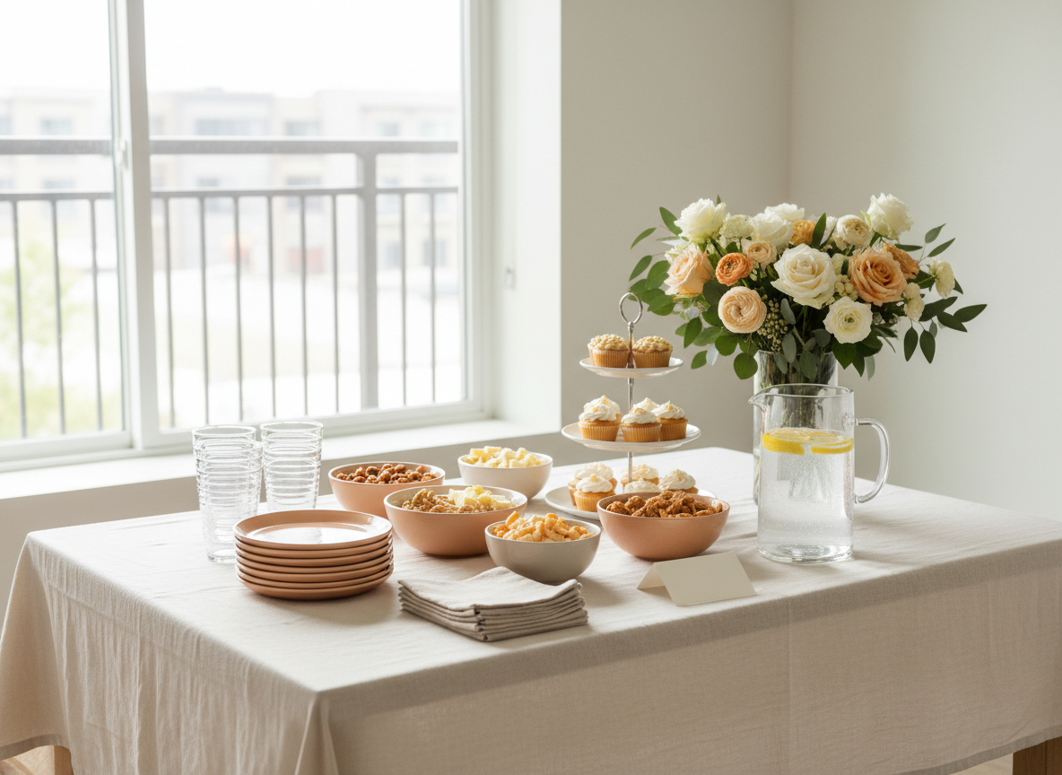 Illustrative compact home refreshment table with reusable cups and flowers to show a low-clutter serving station.