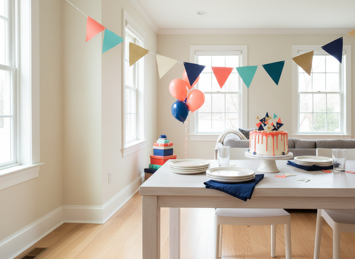 Illustrative bright home birthday setup with cake and balloons, reused as example décor for a ten-attendee gathering.