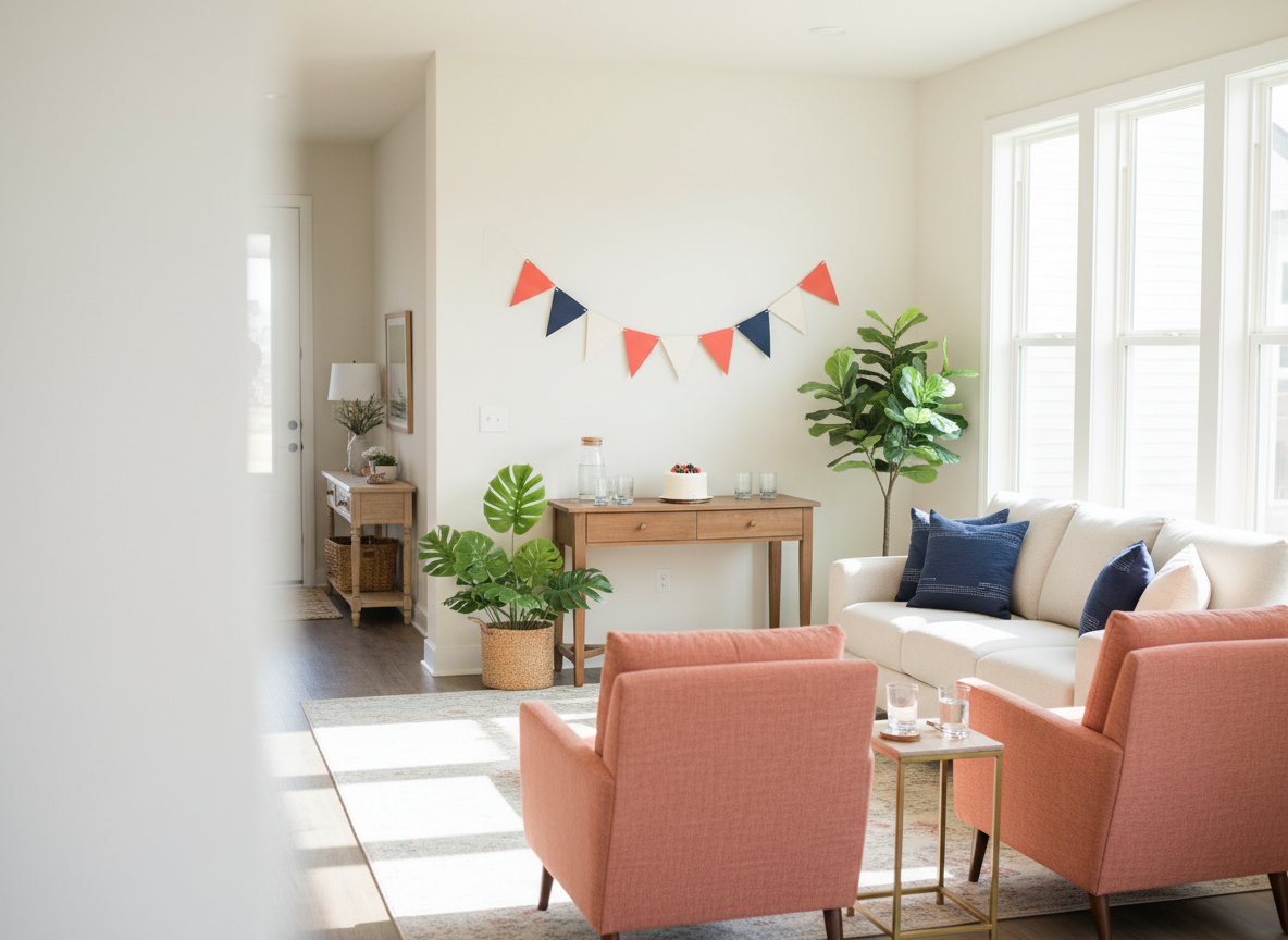 Illustrative comfortable living room with home seating and refreshments, reused as setup inspiration for movie night.